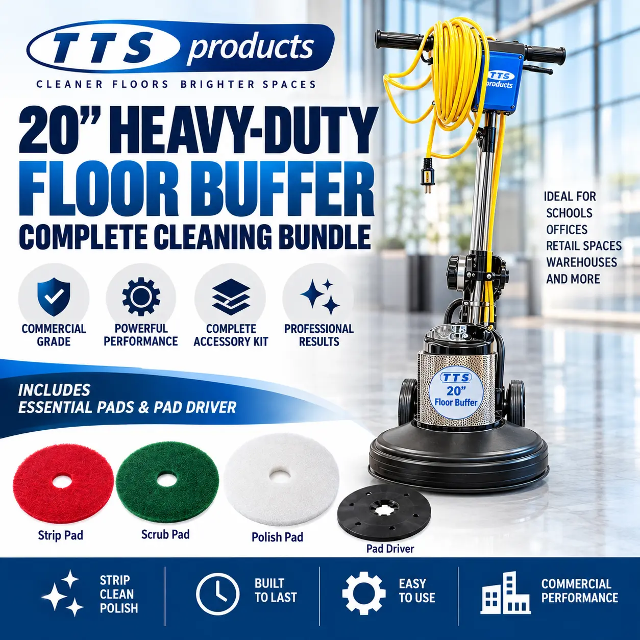 20" Commercial Floor Buffer Machine – Heavy-Duty Industrial Floor Polisher & Scrubber with Pad Driver and Floor Pads