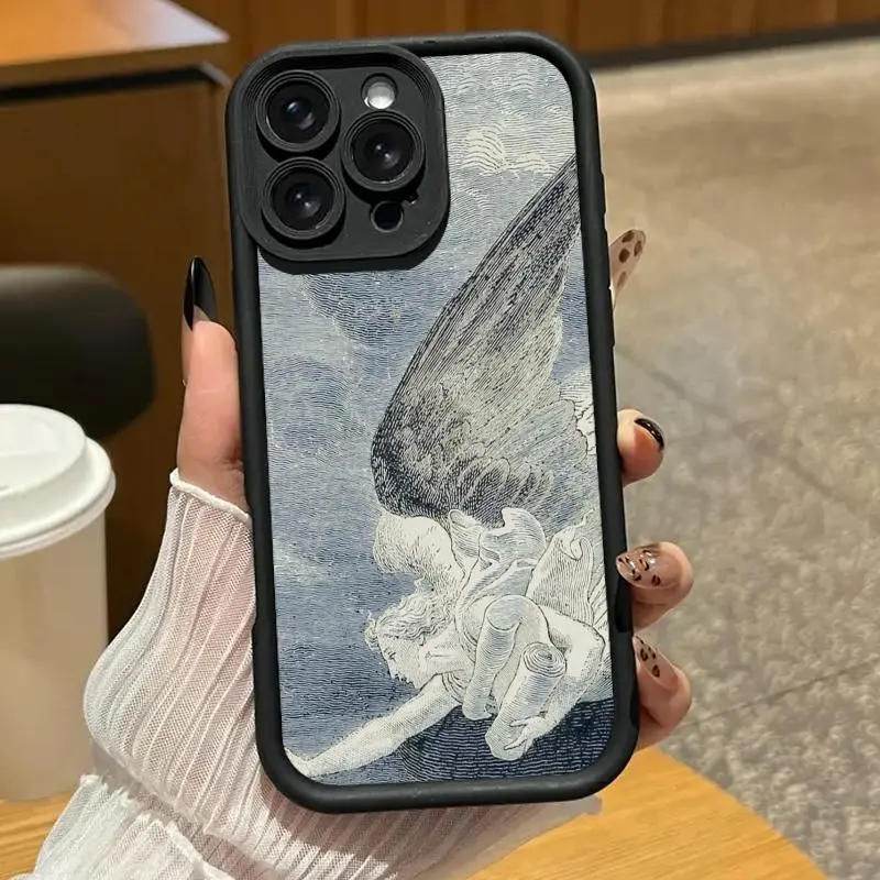 Angel sketch design phone case. Compatible with iPhone 17 Pro Max/16 Pro Max/15 Plus/14/13/12/11, TPU soft case. Compatible with Galaxy S26 Ultra/S25 Plus/S24/S23, Dopamine color. Compatible with Galaxy A54/A53/A33/A15.
