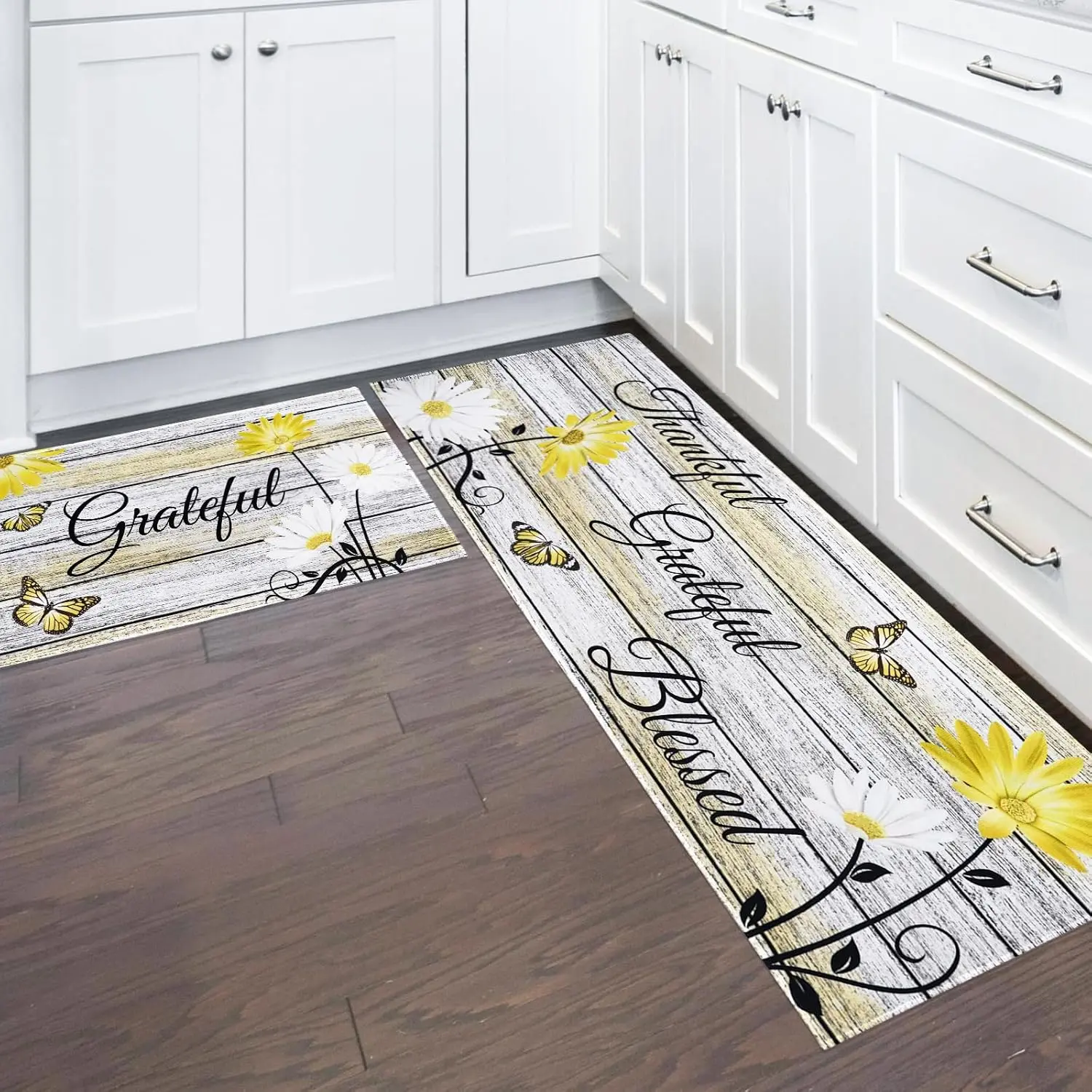 Farmhouse Kitchen Mats for Floor 2 count, Yellow Kitchen Rugs and Mats Non-Skid Washable for Sink Floor, Floral Yellow Kitchen Accessories and Decor Mat, 17"x30"+17"x47"