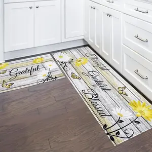 Farmhouse Kitchen Mats for Floor 2 count, Yellow Kitchen Rugs and Mats Non-Skid Washable for Sink Floor, Floral Yellow Kitchen Accessories and Decor Mat, 17"x30"+17"x47"