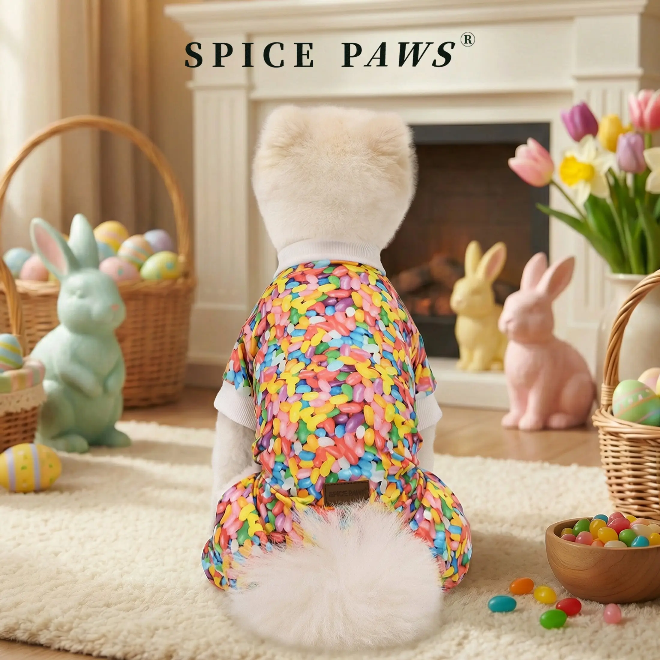 Easter Pet Clothes, Dog Pajamas with Jelly Bean Print, Four-Legged Dog Jumpsuit, Soft Comfortable Full-Body Pet Outfit for Small Medium Dog & Cat, Colorful Candy Pattern Pet Onesie Apparel, Short-Sleeve Dog/Cat Romper Sleepwear Easter Dress-Up Costumes
