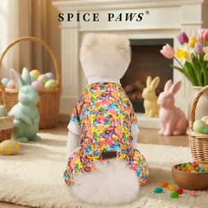 Easter Pet Clothes, Dog Pajamas with Jelly Bean Print, Four-Legged Dog Jumpsuit, Soft Comfortable Full-Body Pet Outfit for Small Medium Dog & Cat, Colorful Candy Pattern Pet Onesie Apparel, Short-Sleeve Dog/Cat Romper Sleepwear Easter Dress-Up Costumes