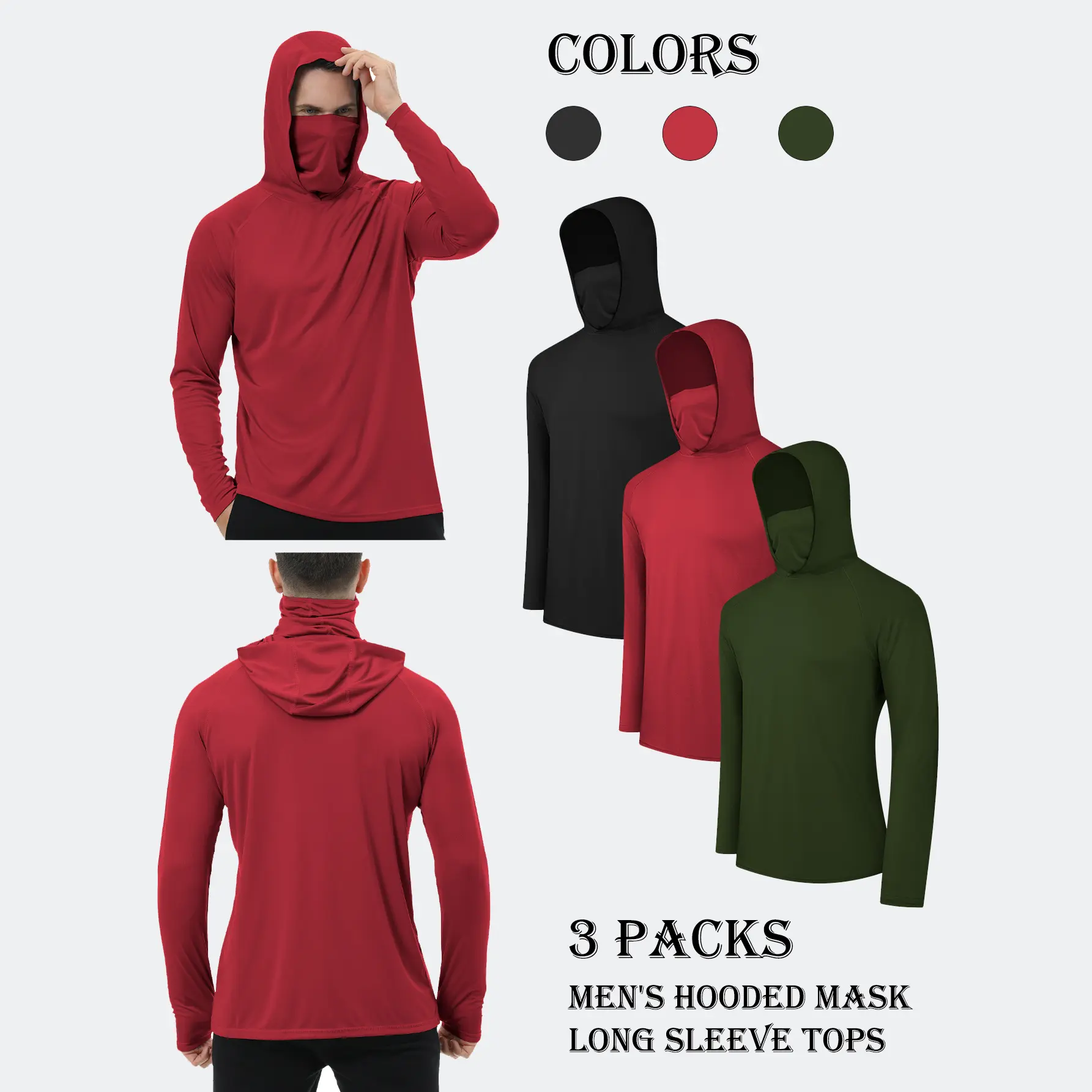 3/6 Packs Men's Dry Fit Athletic Hoodies With Mask Solid Color Sunproof Long Sleeve Fishing Shirts For Men Hoodie Workwear With Face Mask Neck Gaiter For Outdoor Activities Moisture-Wicking Breathable Light Dust Proof It's A Gift tiktokshop back to school