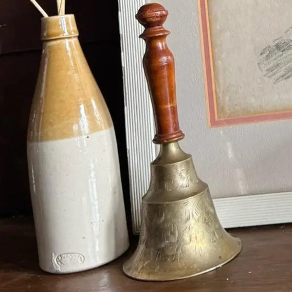 Vintage Brass Hand Bell with Wooden Handle for Cottage Farmhouse Decor - Perfect for Home and Garden