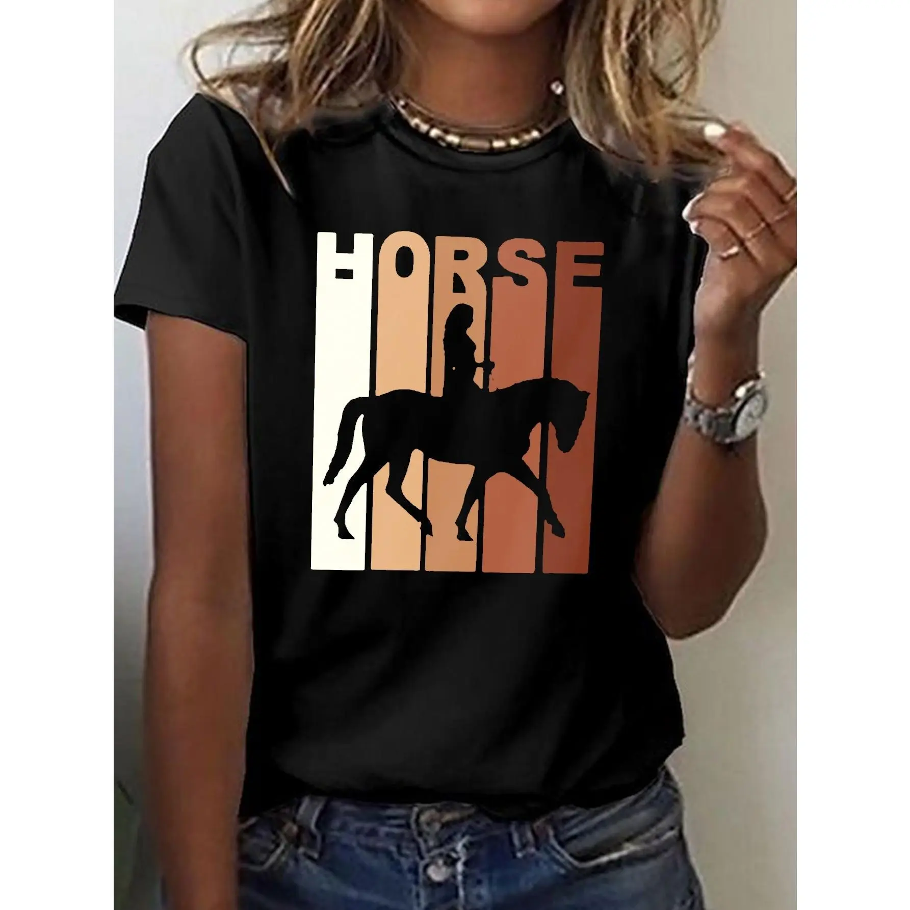 Retro Horse Riding Print T-Shirt - Women's Equestrian Graphic Tee, Short Sleeve Crew Neck Casual Top for Summer