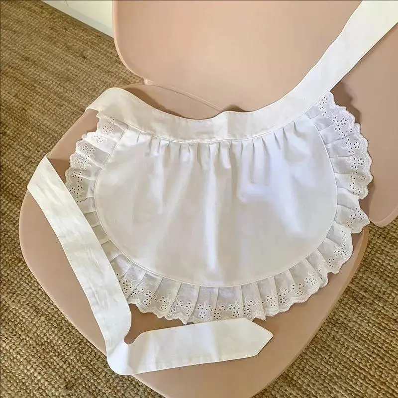 Women's Half-Waist Lolita Maid Look Bib Apron with Pocket, Sexy Black and White Lace Flower Design, for Home Cooking, Coffee Shop Work