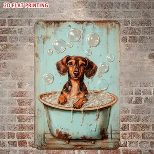 Vintage Metal Sign with Pug Bathing Design, Turquoise Dual Tone, 8x12 Inch, Rustic Wall Art for Home Bar Cafe Garage Decor