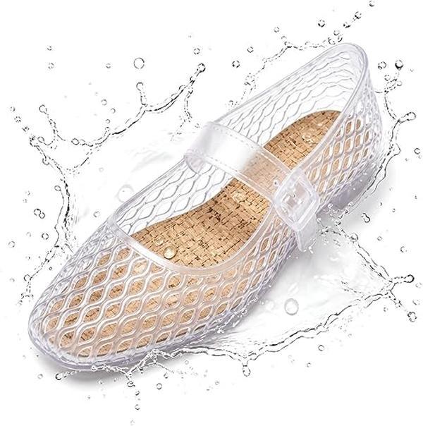 MUSSHOE Women’s Plain Square-Toe Mary Janes Shoes for Women - Adjustable Buckle Jelly Flats with Jelly Insole, PVC Upper, Water Friendly, Slip On, Easy-Clean Beach Sandals