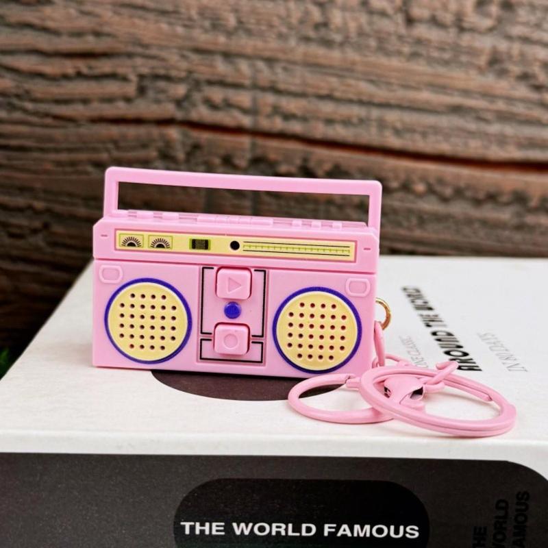 2 Pcs  Nostalgic Mini Radio Recorder Keychain Nostalgic Vintage Mini  Radio That Can Record Classical Funny Bag Ornaments design retro Stretchy Scrunchie Lanyard with Retractable heart