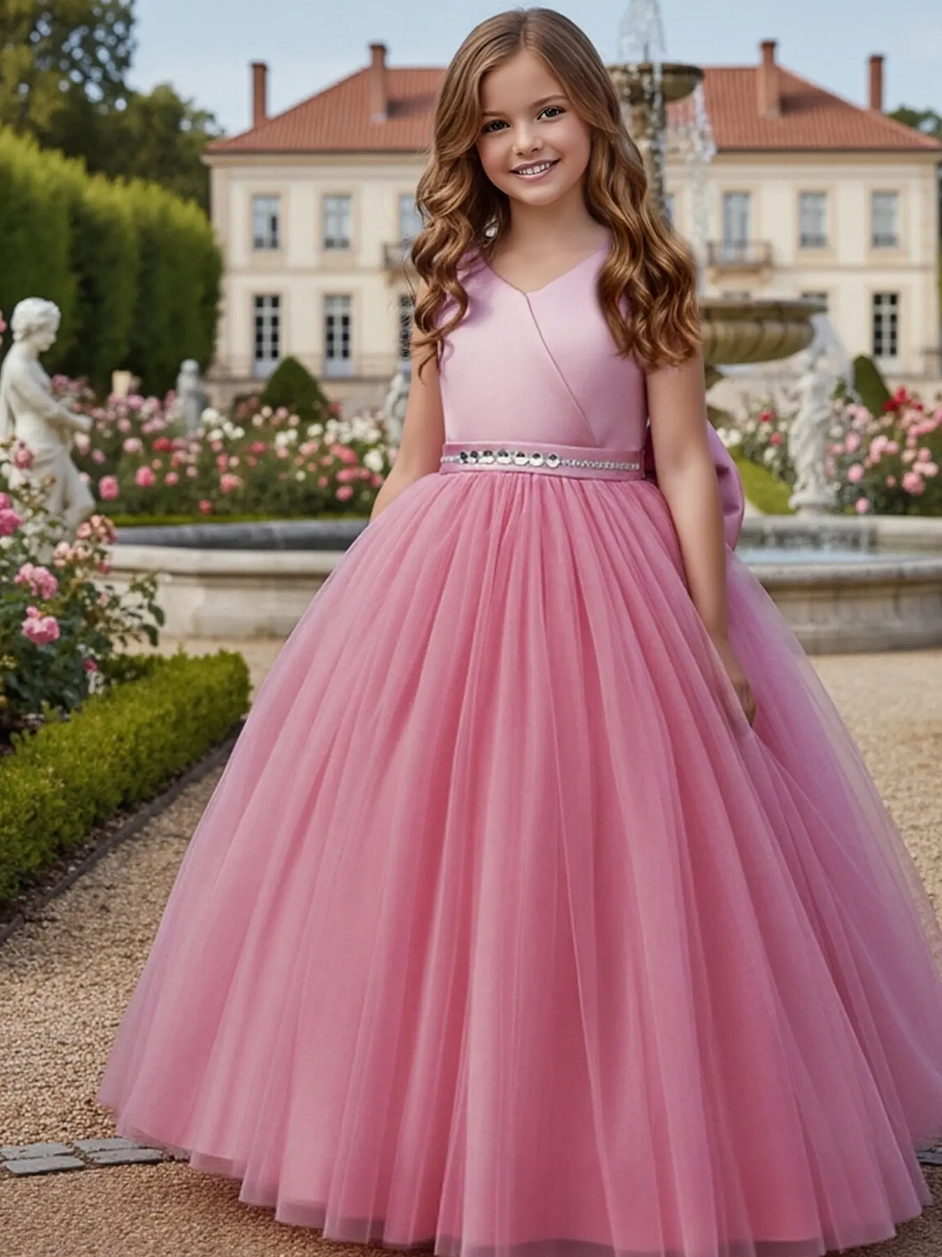 Girl's Rhinestone Decor Big Bow Design Contrast Mesh Fit and Flare Dress, Elegant Sleeveless V Neck Tulle Dress for Party Performance Wedding Guest, Kids Clothes for All Seasons, Tulle Overlay Dress - Girl's Rhinestone Decor Big Bow Design Contrast Mesh Fit and Flare Dress, Elegant Sleeveless V Neck Tulle Dress for Party Performance Wedding Guest, Kids Clothes for All Seasons, Tulle Overlay Dress -