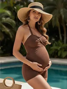 MOMSY Maternity Halter Neck Swimsuit  Backless One Piece Monokini  Solid Color Pregnancy Swimwear For Beach Vacation