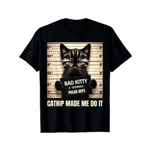 Summer t Shirts Naughty Kitty Jail Photo Catnip Made Me Do It Cat Mugshot T-Shirt for Men Women