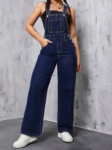 Women's Adjustable Straps Wide Leg Denim Jumpsuit, Denim Bib Overalls - Casual Workwear Overalls with Loose Fit, Machine Washable Streetwear Outfit for All Seasons, Versatile Clothing, Comfortable Material, Casual Attire, no elasticity