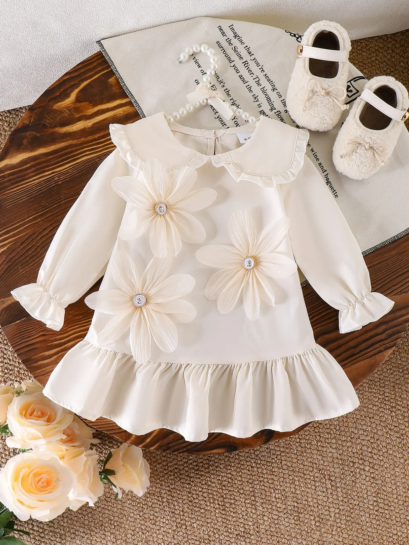 Baby Girl Long Sleeve Dress 6-36 Months Cream White Floral Applique Toddler Princess Dress Sweet Collar Ruffle Hem for Spring, Fall, Daily Wear, and Photos Toddler Dresses