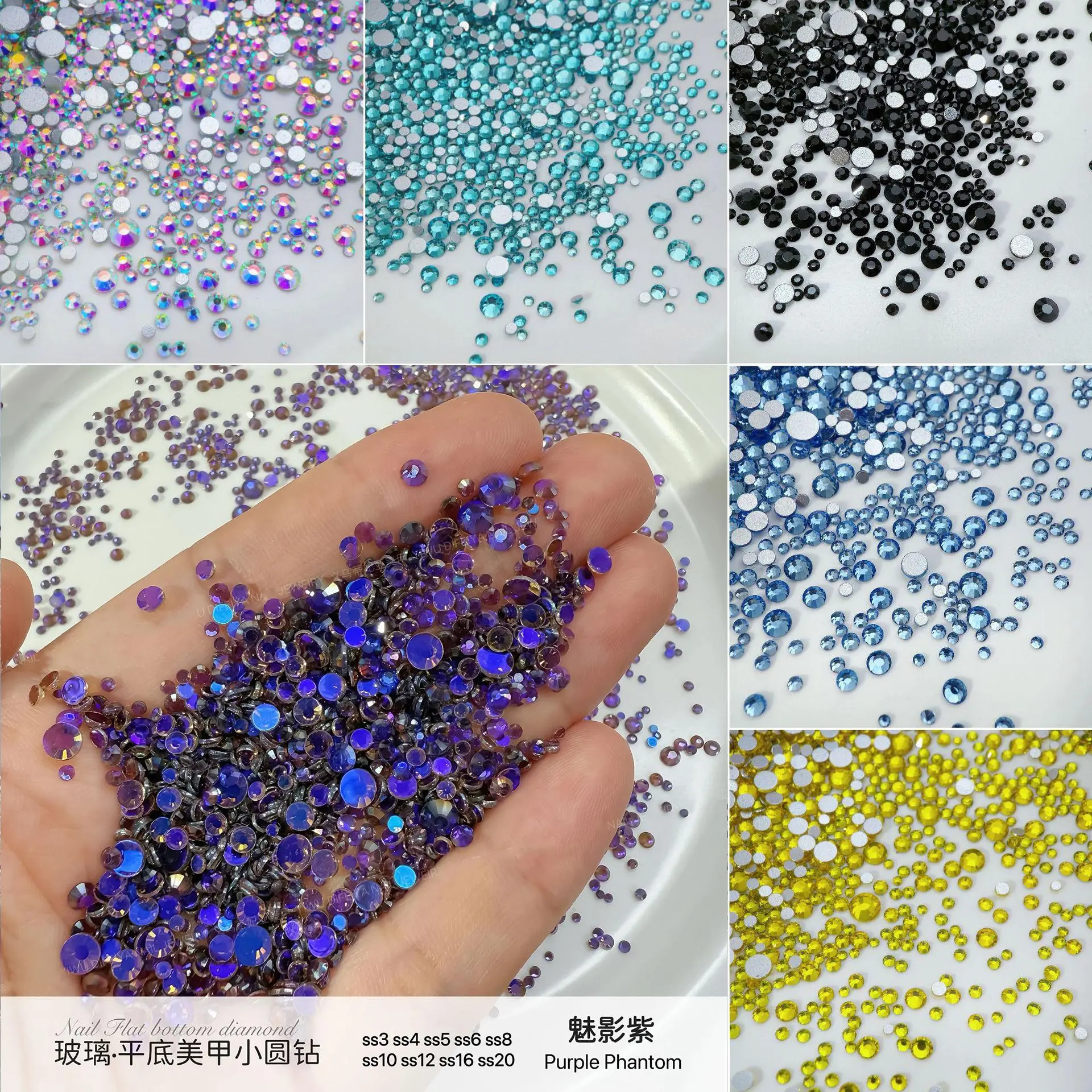 1440PCS Iridescent Colorful Mini Flatback Round Crystal Gems Nail Art Rhinestones Decor Manicure Shiny Mix Sizes SS3-SS10 Charms