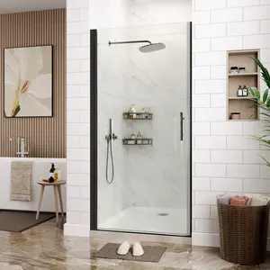 33.6-34.6"W x 72"H Pivot Frameless Shower Door, 1/4"(6mm) Clear Tempered Glass Swing Shower Doors with Waterproof Seal Strips & Brushed Black Finish, Reversible Mount