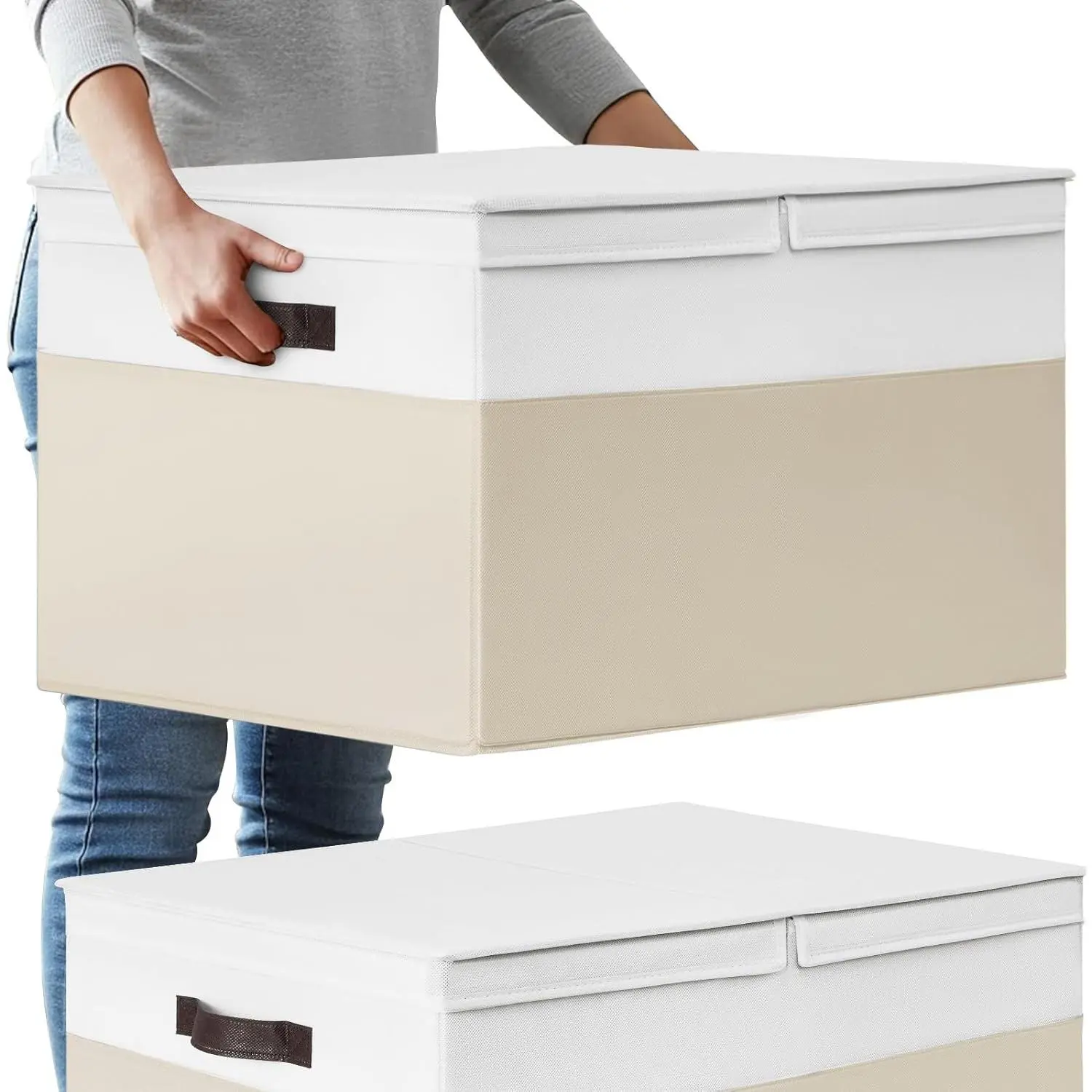 2 Pack  Blanket Storage Baskets with , 22"x16"x12" Closet Organizers Bins for Clothes Towel/  Storage Box with Lid Handles/ Stackable Decorative Fabric Bins for Living Room,