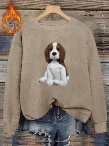 Cute Beagle Dog Print Fitted Sweater for Women, Casual Fall & Winter Round Neck Top, Healing Cute Style, Daily Wear