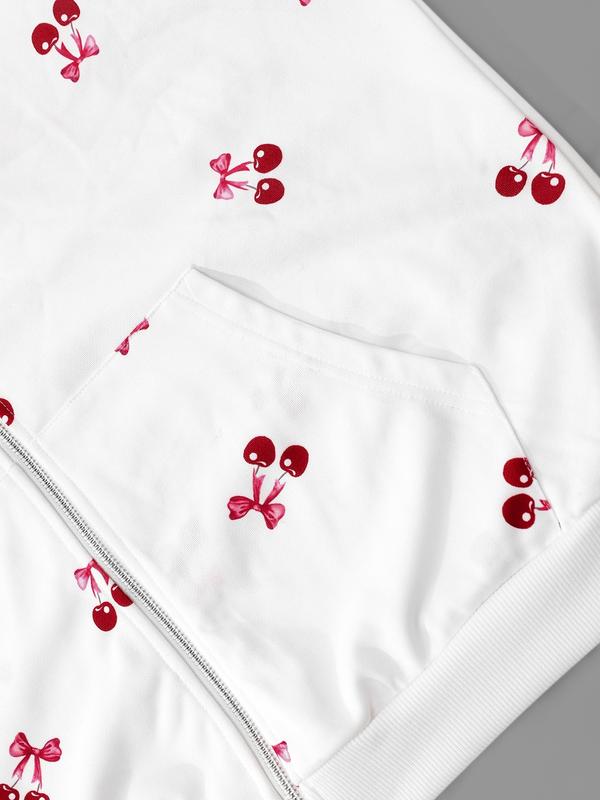 Oversized Cherry Print Zip-Up Hoodies for Women | Soft Fleece Long Sleeve Casual Hooded Sweatshirts | Loose Fit Daily Streetwear | Single Piece | White & Red Cherry Pattern Style | Graphic Hoodies
