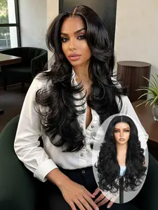 Lehanhair 24 Inch Glueless Long Wavy Synthetic Various Colors 4X6 Lace Wigs for Women, Gorgeous Fluffy Wigs without Bangs, Synthetic Wigs for Party, New Year Christmas Daily Use