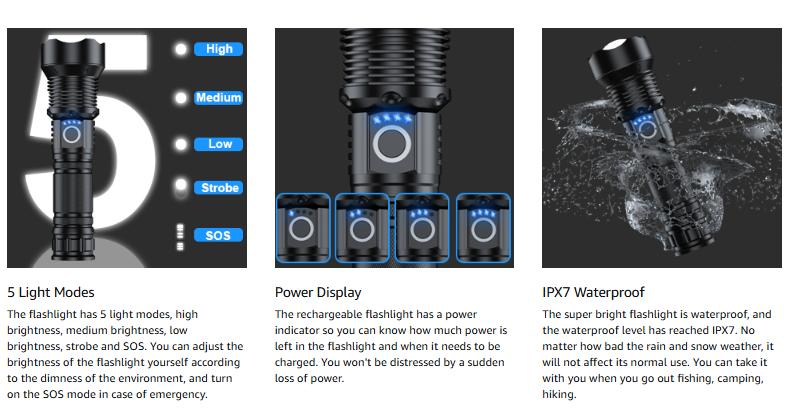 Rechargeable Flashlights 90000 High Lumens - 2 Pack, Super Bright 12 Hours Long Life LED Flashlight with 5 Modes, High Powered Flash Light for Home, Outdoor