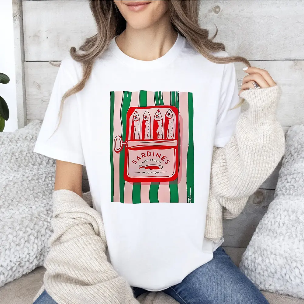 Womens Cotton Short Sleeve Graphic Tee Sardines Tin Art Print Casual Summer Top Cute Streetwear Style Soft Comfy Crewneck T Shirt For Vacation Beach Weekend