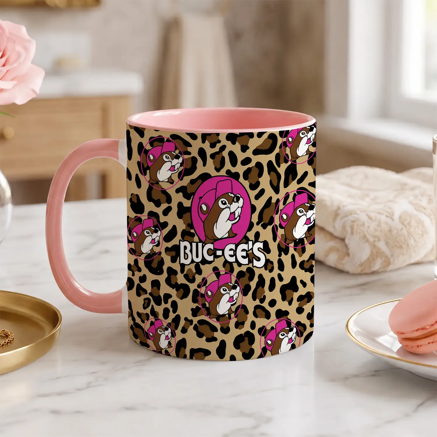 Buc-ee's Leopard Print Coffee Mug, Cute Beaver Animal Pattern Ceramic Cup, Black Accent Two-Tone Drinkware, Fun Gift for Fans