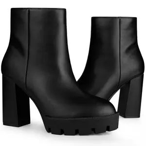 BLISSFUL STEP Round Toe Lug Sole Side Zip Block Heels Ankle Boots Black