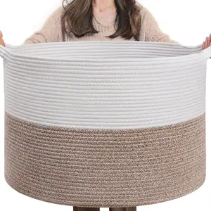 XXXLarge Blanket Basket  Living Room 21.7" x 21.7" x 13.8"-Storage Basket with Handle  Organizing Toy Pillows Woven Cotton Rope Laundry Basket Stuffed Animal Toy Storage  Play Room