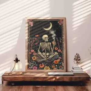 Moonlight Skeleton Tea 1000 Pieces Jigsaw Puzzle, Gothic Floral Art for Adults, Relaxing Brain Challenge and Home Decor Gift, Aesthetic Dark Puzzle, Size 27.5x20inch(70x50cm)