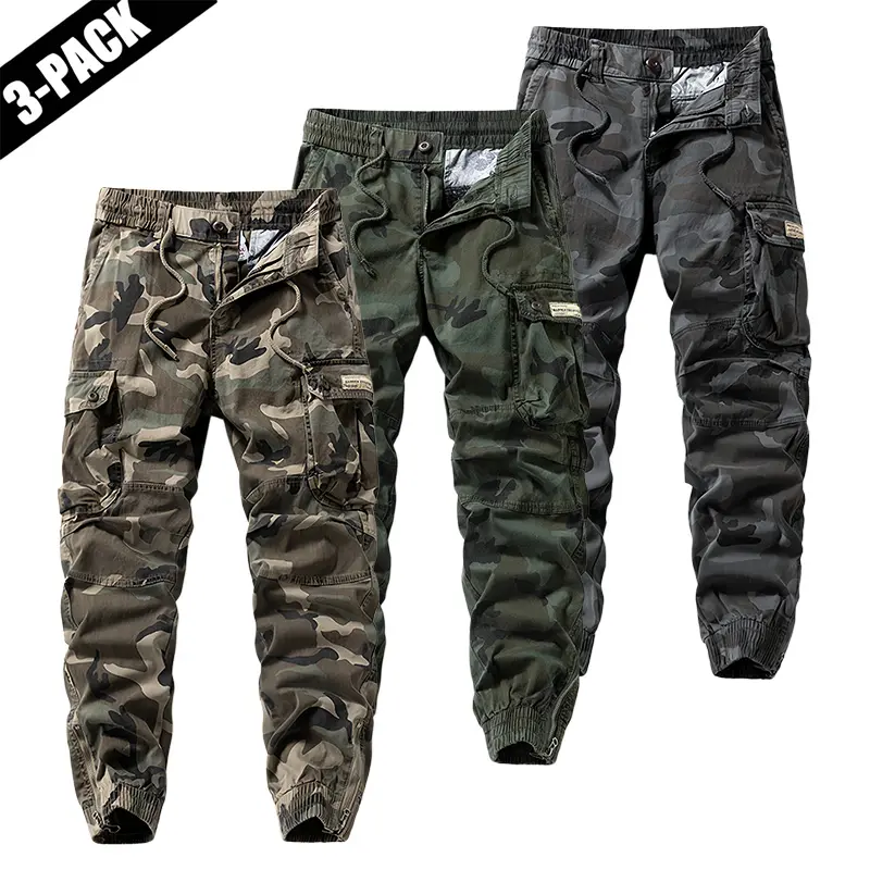 3-pack men’s American camouflage cargo pants, loose straight-leg streetwear long pants, premium jogger sweatpants with cuffed ankles, outdoor multi-pocket tactical pants, all-season cargo pants