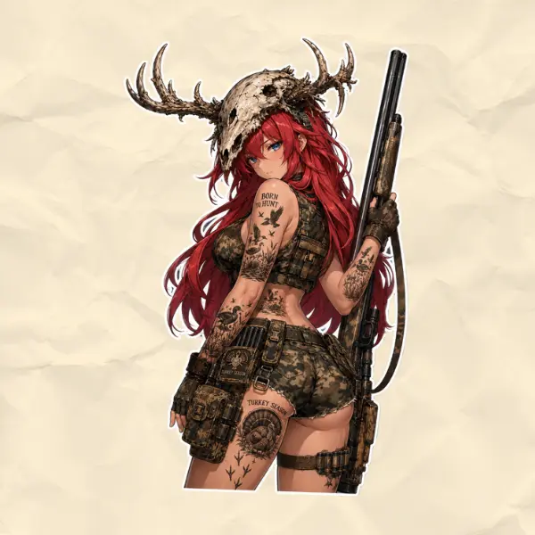 Rias Gremory Huntress Tactical Sticker, Antler Skull Hunter Waifu Vinyl Decal, Military Anime Girl Waterproof Sticker, Gothic Horror Laptop Car Water Bottle Tumbler Decal, Gift for Anime Fans