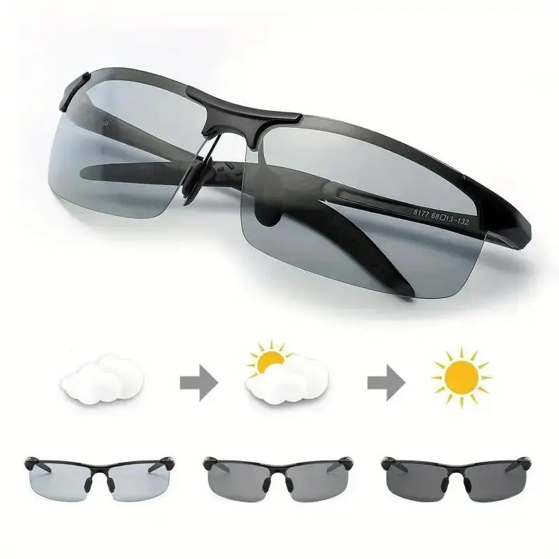 Retro Oversized Square Sunglasses for Men, Photochromic Sun-Darkening Lenses with Polarized UV400 Anti-Glare for Driving & Fishing, Auto-Adjustment Sun-Darkening Lens Men's Sunglasses, Outdoor, Adjustable Auto-Tint Men's Sunglasses