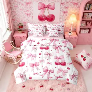 Pink Cherry Bow Girls Bedding Set,7 Piece Cute Kawaii Bow Comforter Bed Set,Dreamy Princess Bed Bag with Sheets,Kids Teens Women Girly Bowknot Bed Set