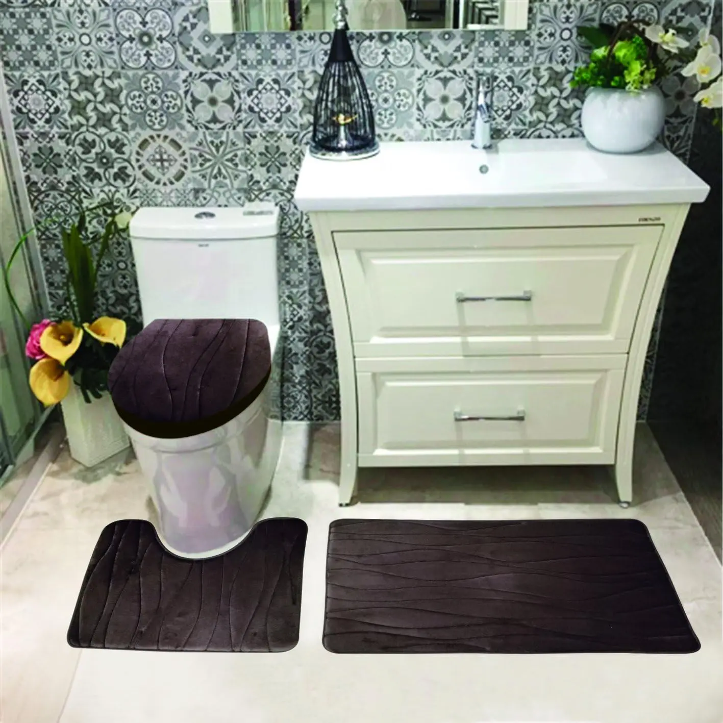Luxury Home Collection 3 Pc Bath Rug Set Memory Foam Non-Slip Bathroom Rug Contour, Mat and Toilet Lid Cover Solid