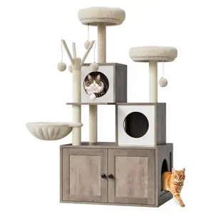 3-in-1 Cat Tree & Litter Box Enclosure – Hidden Storage, 137cm Multi-Level, Sisal Scratching Posts, Grooming Brush, Anti-Tip Strap – White