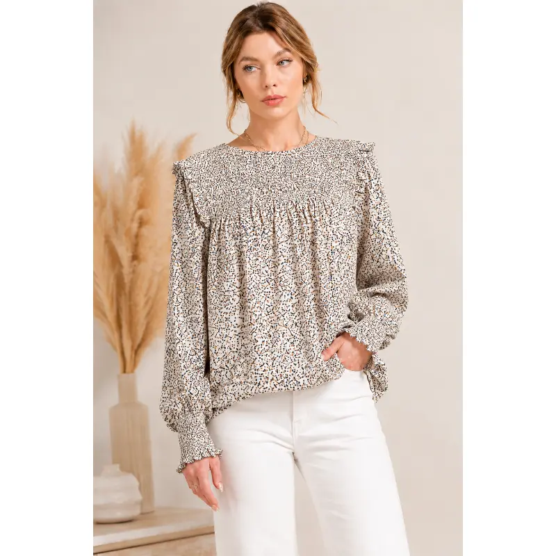 Kori Ruffle Sleeve Smock Yoke Blouse - Taupe Combo