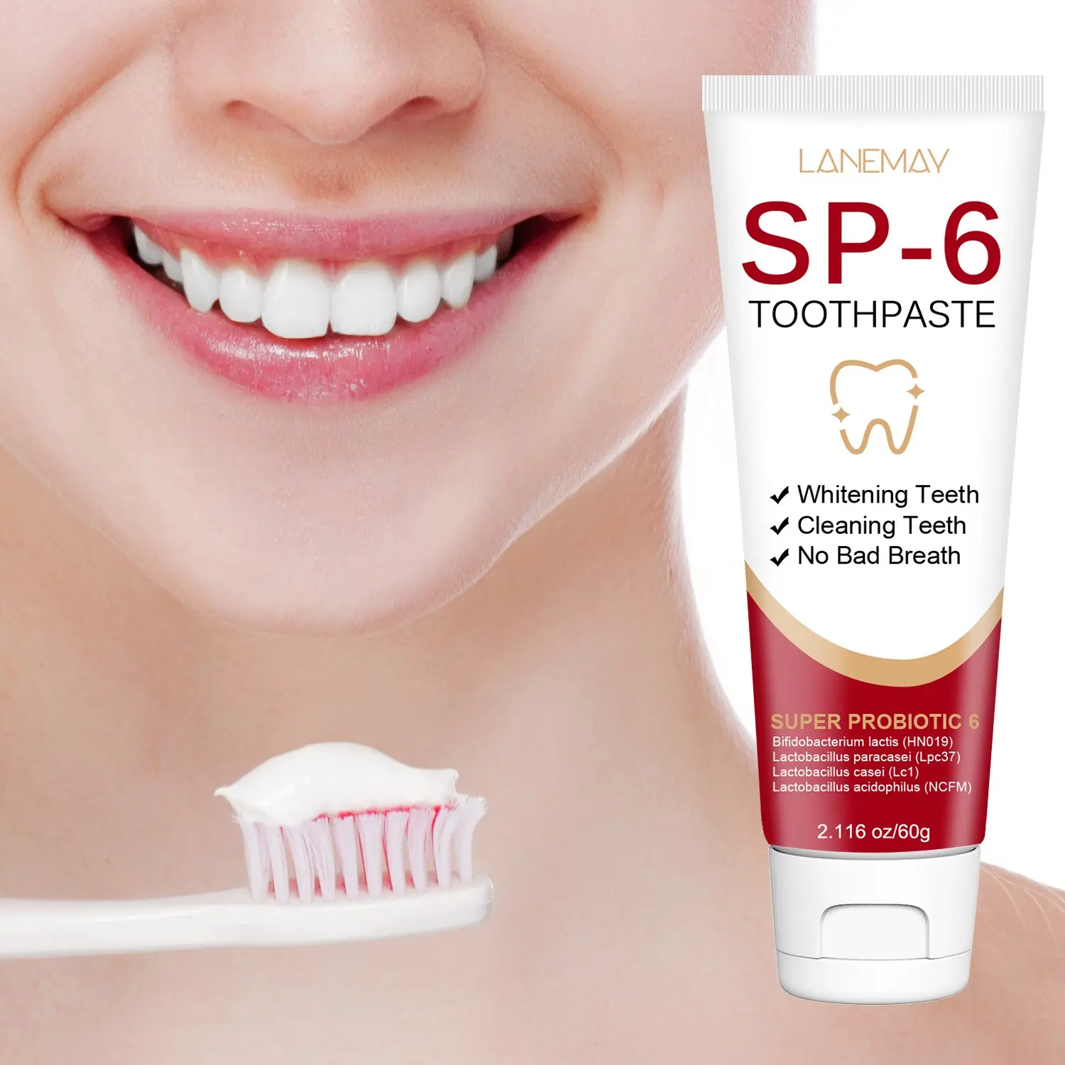 60g - SP6 Probiotic Bright White Toothpaste - Oral Brightening Toothpaste - Super Probiotic 6 & Baking Soda Formula - Whitening Cleaning & Fresh Breath - For Coffee Tea Wine Stains Removal - Oral Care Product - Oral Hygiene Products