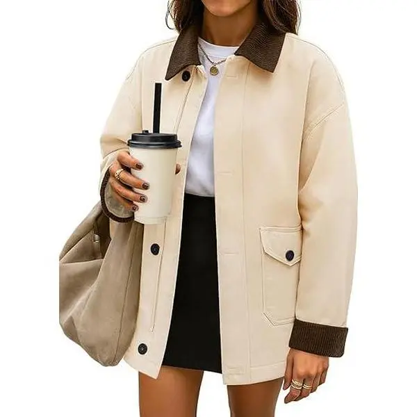 ZESICA Women's Trendy Casual Oversized Barn Jackets 2026 Spring fall Lightweight Contrast Collar Zip Up Cotton Cargo Coat