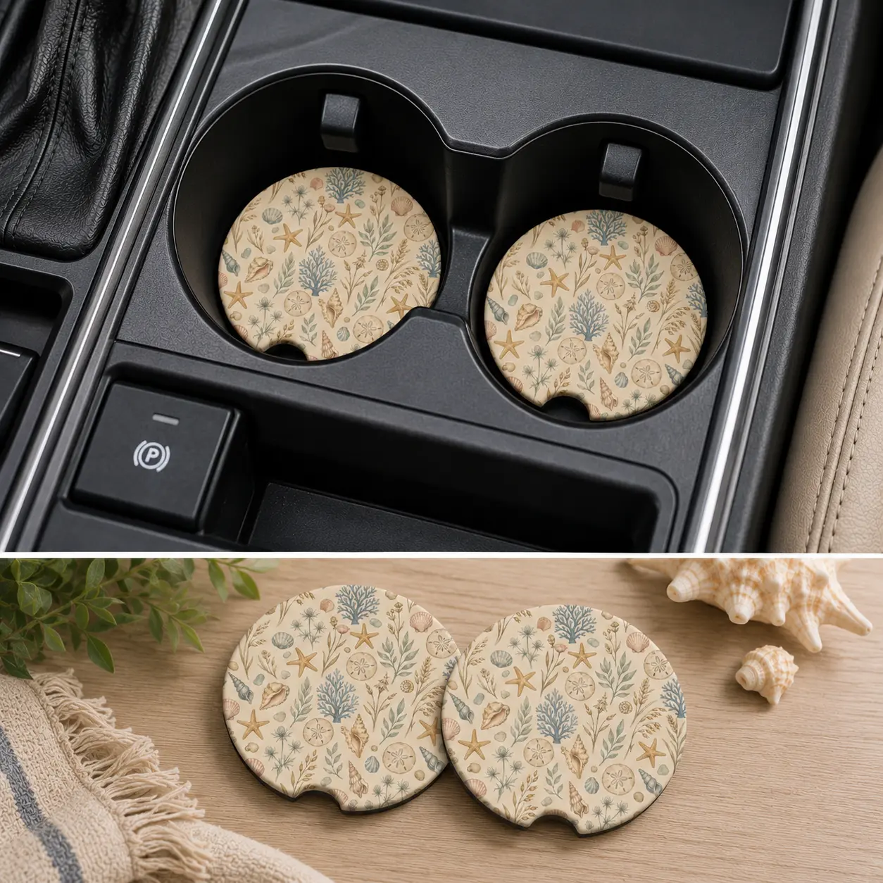 Salt & Sand Coastal Car Coasters | Absorbent Cup Holder Coasters | Beach Car Accessories | Ocean Inspired Gift