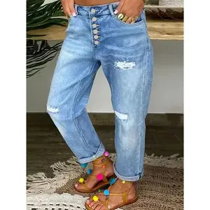 NewWomen's Stretchy Comfort Fit Ripped Jeans - Distressed Washed Blue, Straight-Leg Denim Pants for All Seasons