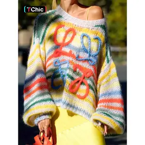 Women's Striped Graphic Drop Shoulder Sweater, Casual Long Sleeve Round Neck Jumper for Fall & Winter, Fashion Ladies' Knitwear for Daily Wear, Sweaters for Women, Womenswear
