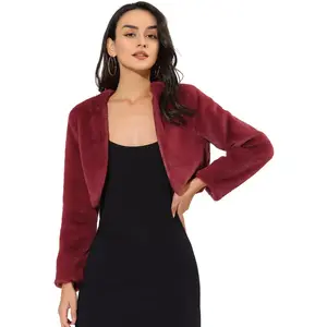 Allegra K Women's Cropped Open Front Collarless Long Sleeve Wedding Gown Faux Fur Jacket X-Large Wine Red