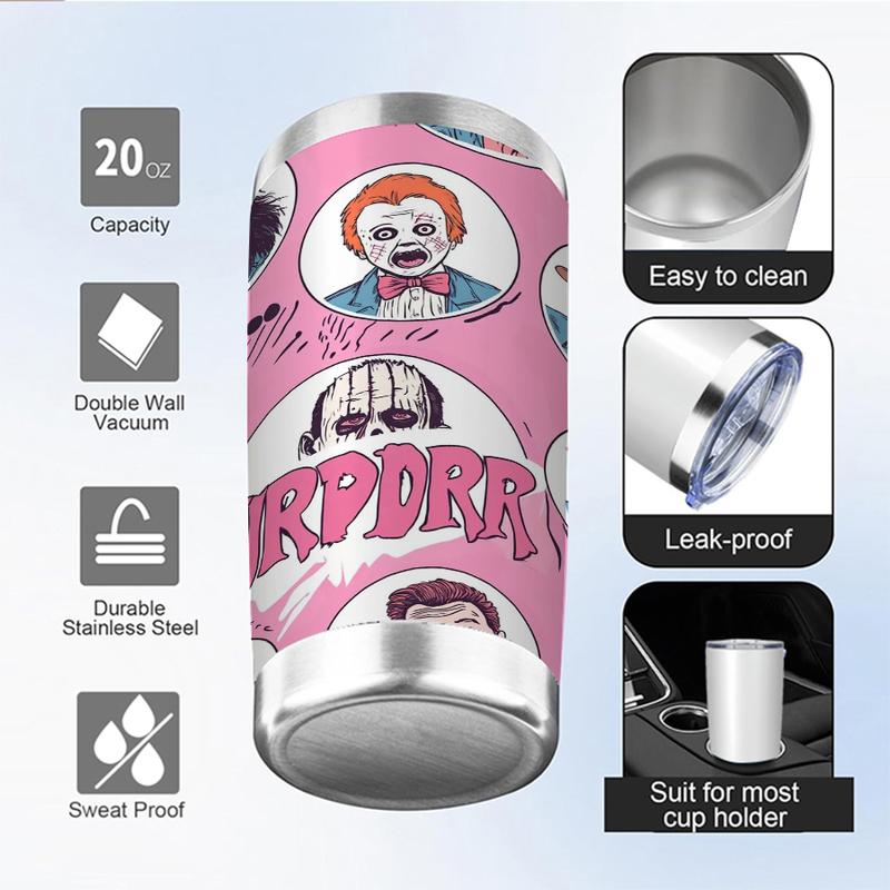 Sinister Clown Gang Tumbler - 20oz Insulated Mug with Pennywise-Inspired Horror Crew Artwork, Blood Splatter Background for True Horror Fans