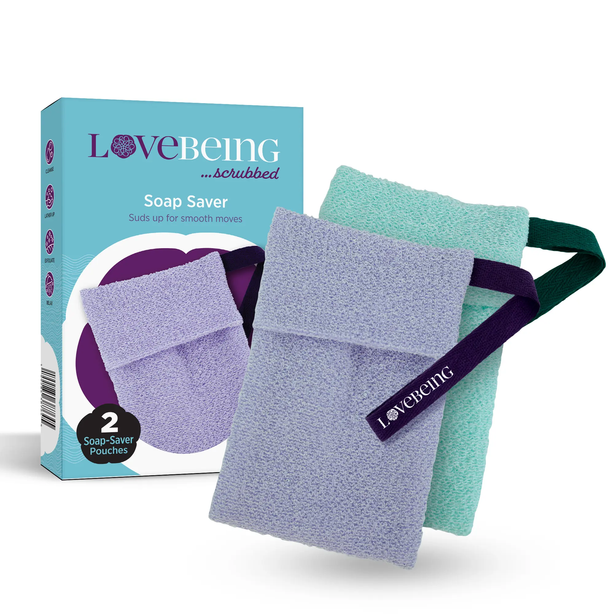 LoveBeing Scrubbed Soap Saver Pouch - Exfoliating Bar Soap Holder, Durable Bath & Shower Accessory for Smooth Clean Skin (2 Count, Assorted Colors)