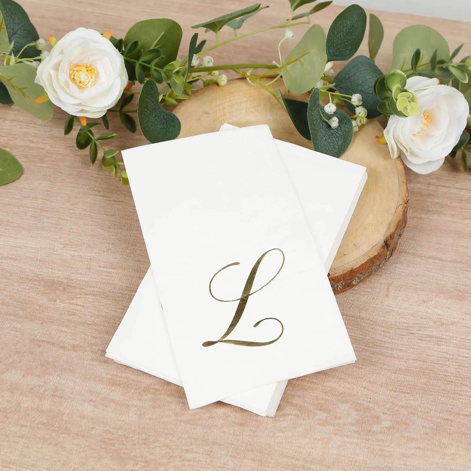 100-Pack Bulk Disposable Paper Dinner Napkins, White with Gold Foil Monogram "L", 8x4in Folded, Festival Party Tableware for Birthday Events