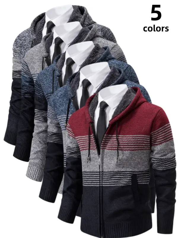 Men's Hooded Zip Up Cardigan Sweater Jacket Fleece Lined Thick Striped Color Block Knit Hoodie Coat Great Value Warm Windproof Soft Stretchy Regular Fit for Men Casual Daily Work Fall Winter Outerwear