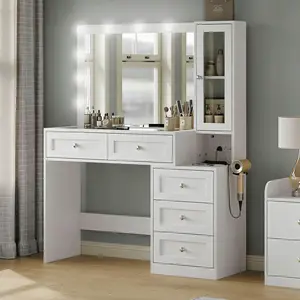 CollaredEagle 43" W Vanity Desk with Mirror & 11 Lights, 5 Drawer Modern Makeup Desk with Glass top & Cushioned Stool, 3 Lighting Modes Brightness Adjustable,,Vanity Table with Power Outlet.