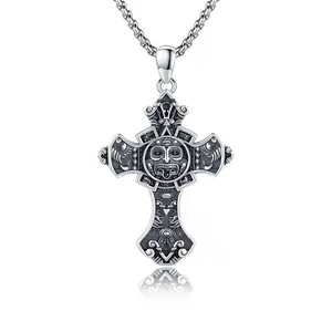 Aztec Calendar Necklace for Men, Aztec Mayan Calendar Charm Pendant, Sterling Silver Cross Aztec Necklace Charm for Women Jewelry Giftfor Grand Easter Day