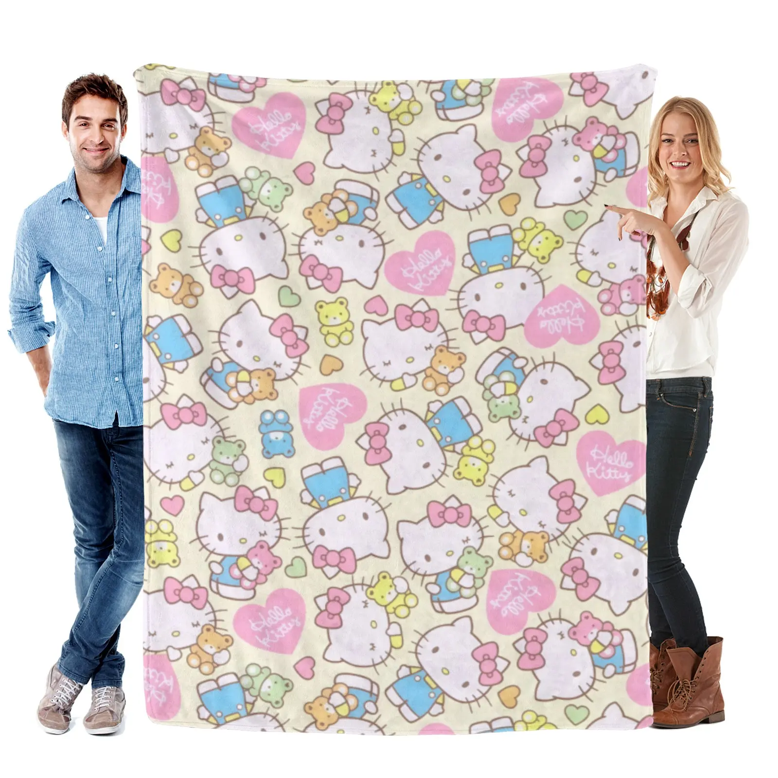 [Summervibes] Sanrio Cream Background Hello Kitty & Tiny Bear Blanket, Washable Flannel, Pastel Sanrio Blanket For Bedroom Styling